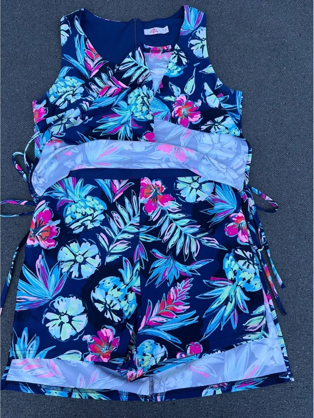 Aryeh Women's Size S Navy Floral Swim Dress Built-In Shorts Cutout Swimsuit